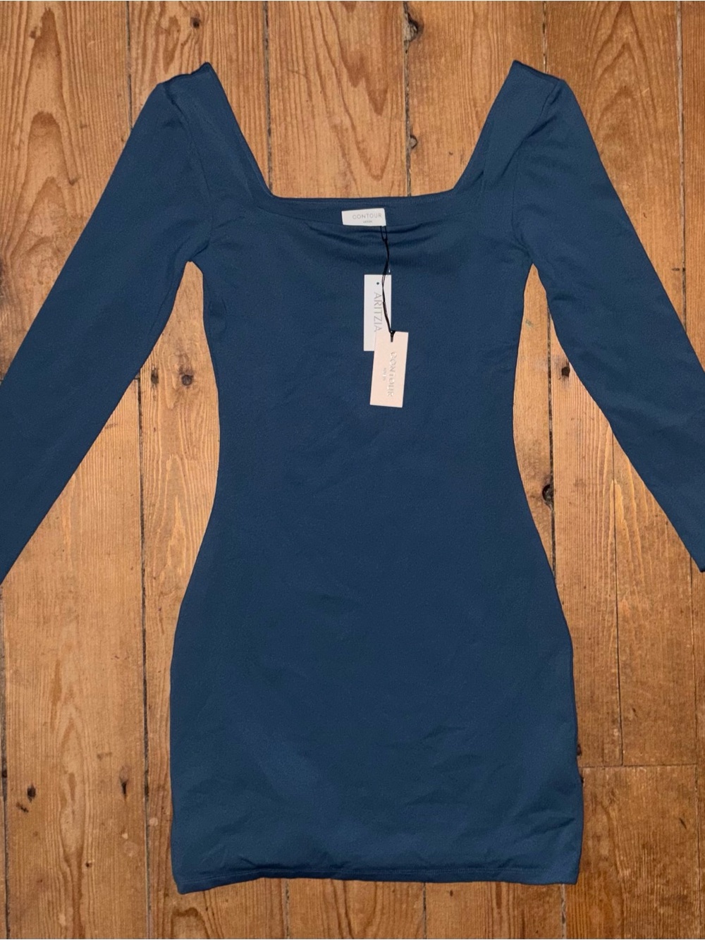 Aritzia Long Sleeve Square Neck Bodycon Dress in Deep Teal Blue